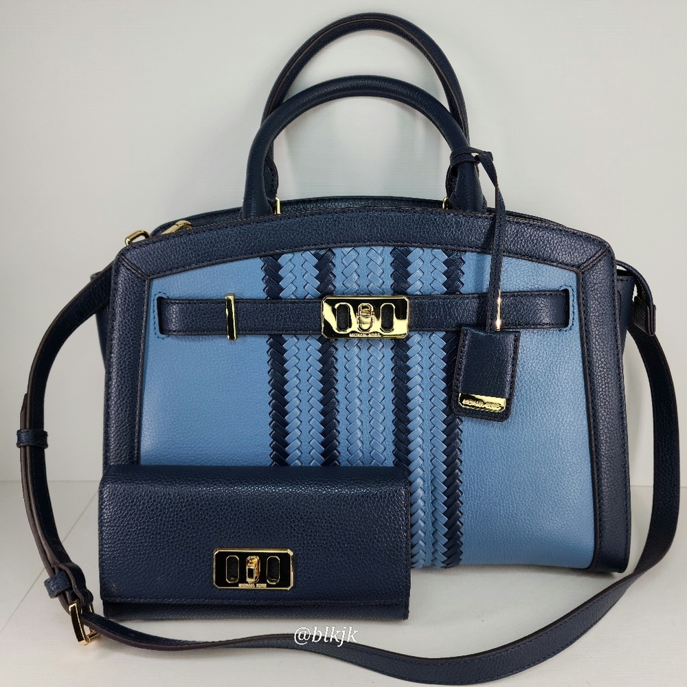 Michael Kors Karson Large Leather Satchel And Wallet Set *Denim/Navy* EUC